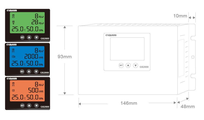 GS2000六合一PM2.5/PM10一氧二氧溫濕度傳送器外型尺寸圖
