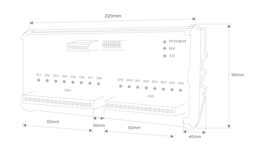 SD500 16組DI輸入RS485輸出模組外型尺寸圖